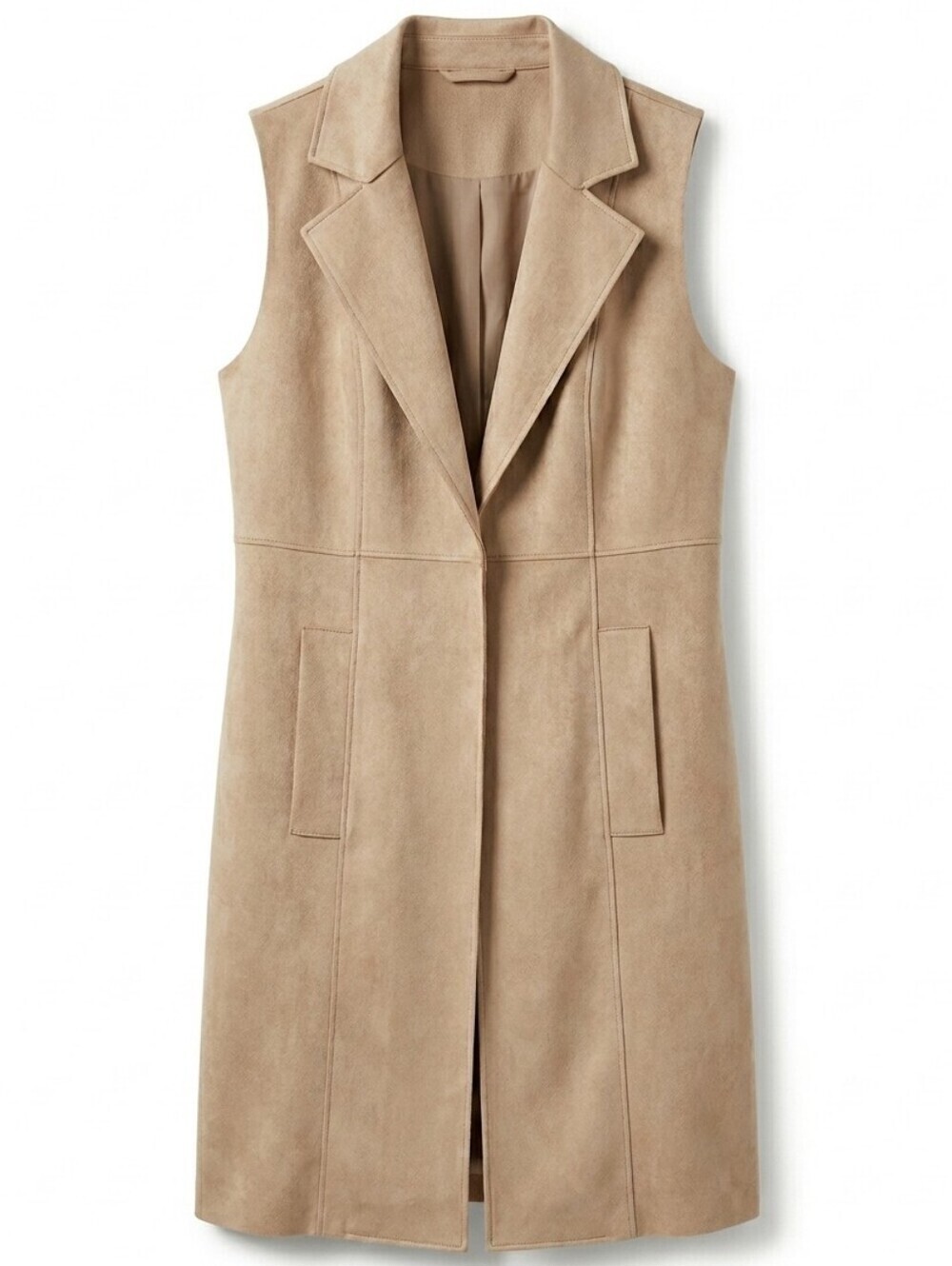 Joan Vass Beige Faux Suede Sleeveless Longline Duster Vest Sz.S Coastal Grandma